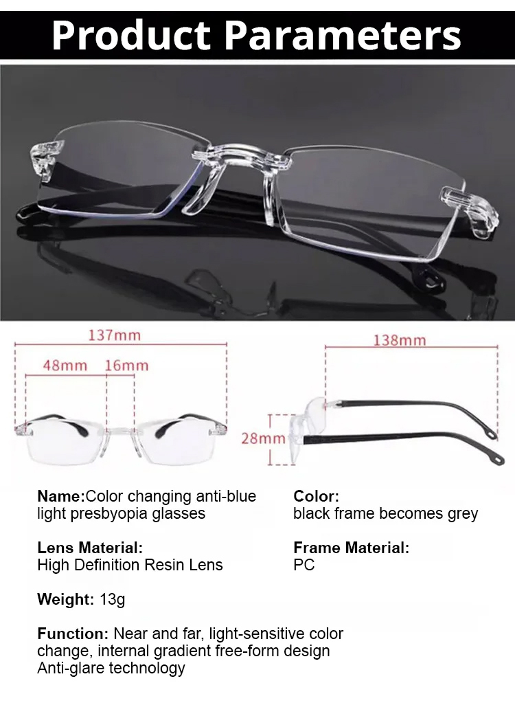 Color-changing anti-blue light presbyopia glasses